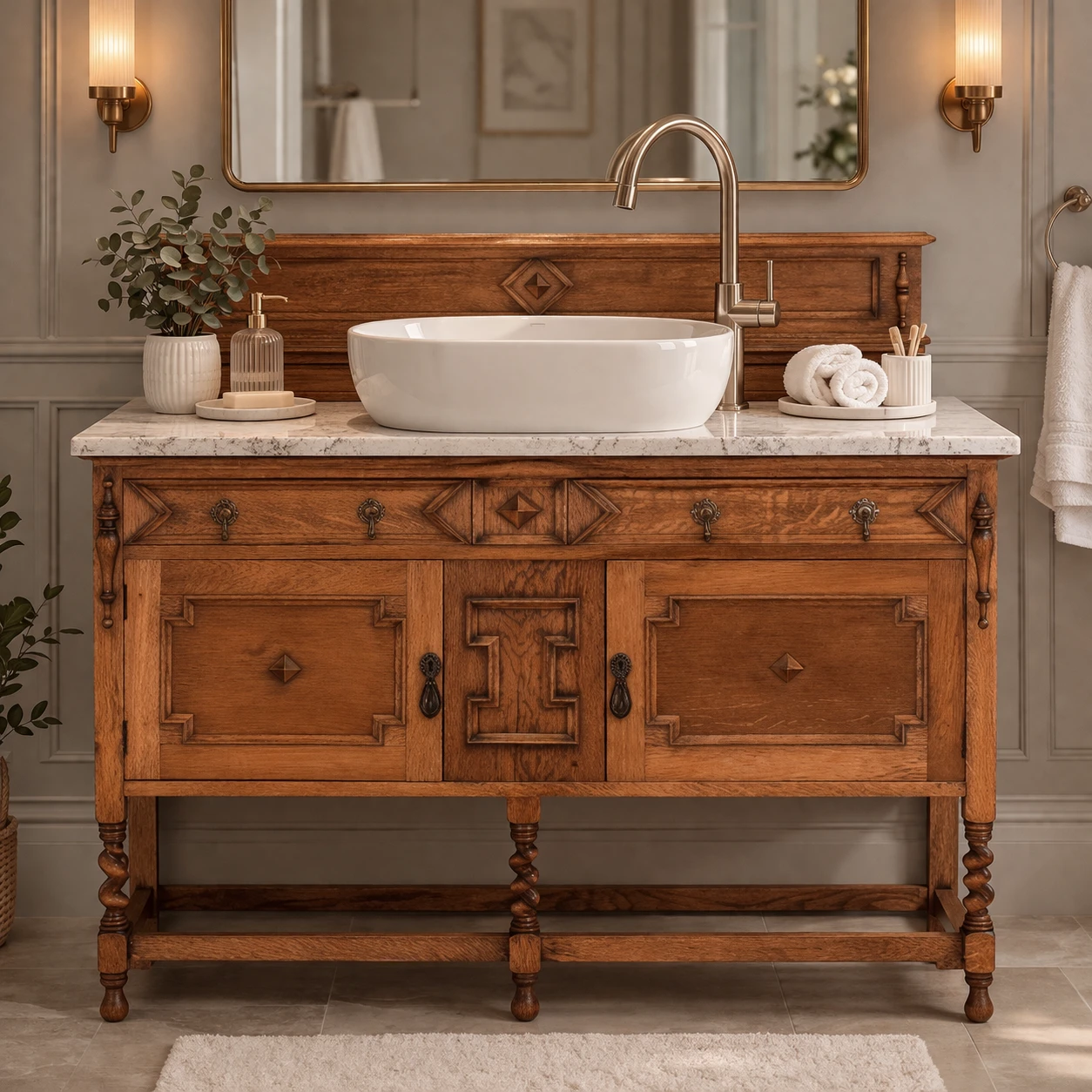 Antique furniture converted into a vanity unit